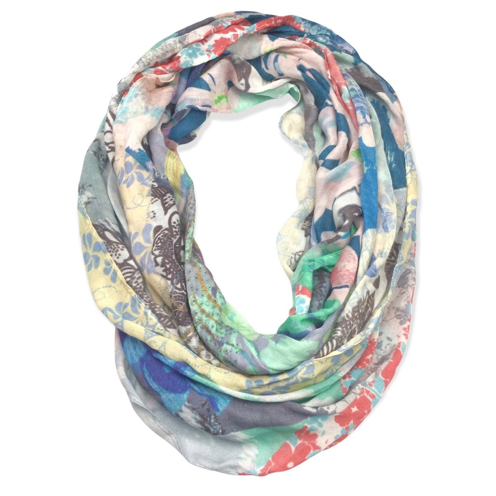 Infinity Scarf Floral & Peacock Design Green Yellow Blue Pink Vibrant Womens